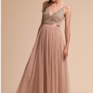 New Anthropologie BHLDN Avery Gown Strappy Beaded Bridesmaid in Nude Gold